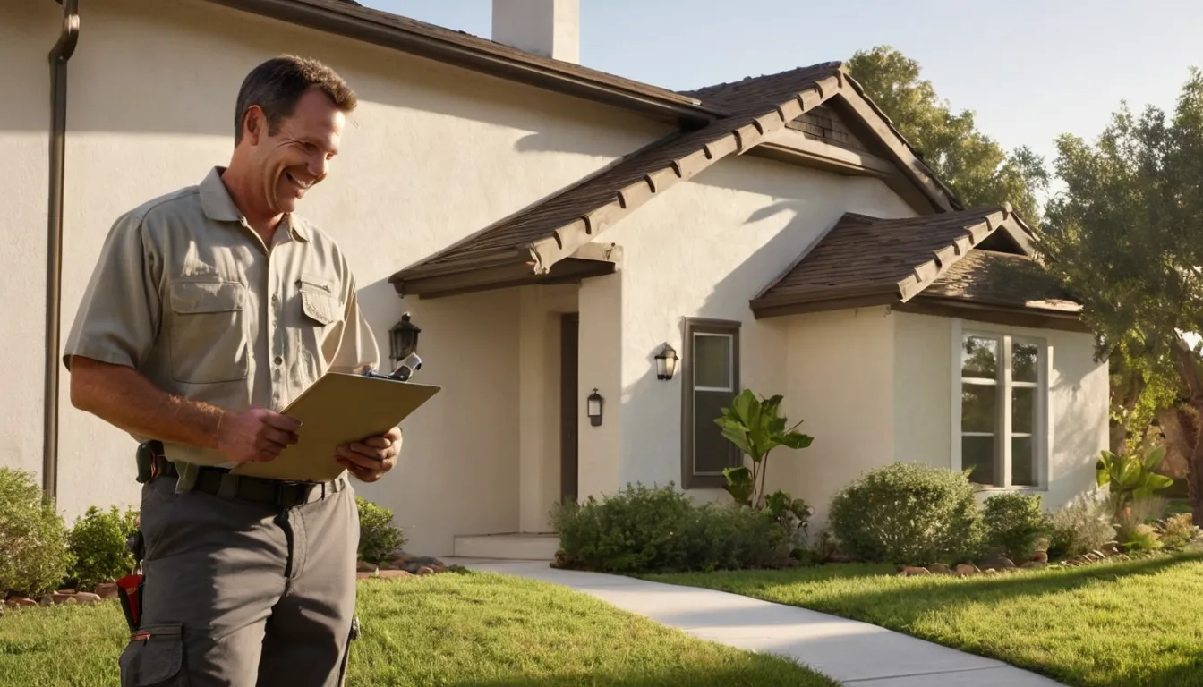 A friendly pest control provider inspecting a stucco home exterior in Loomis