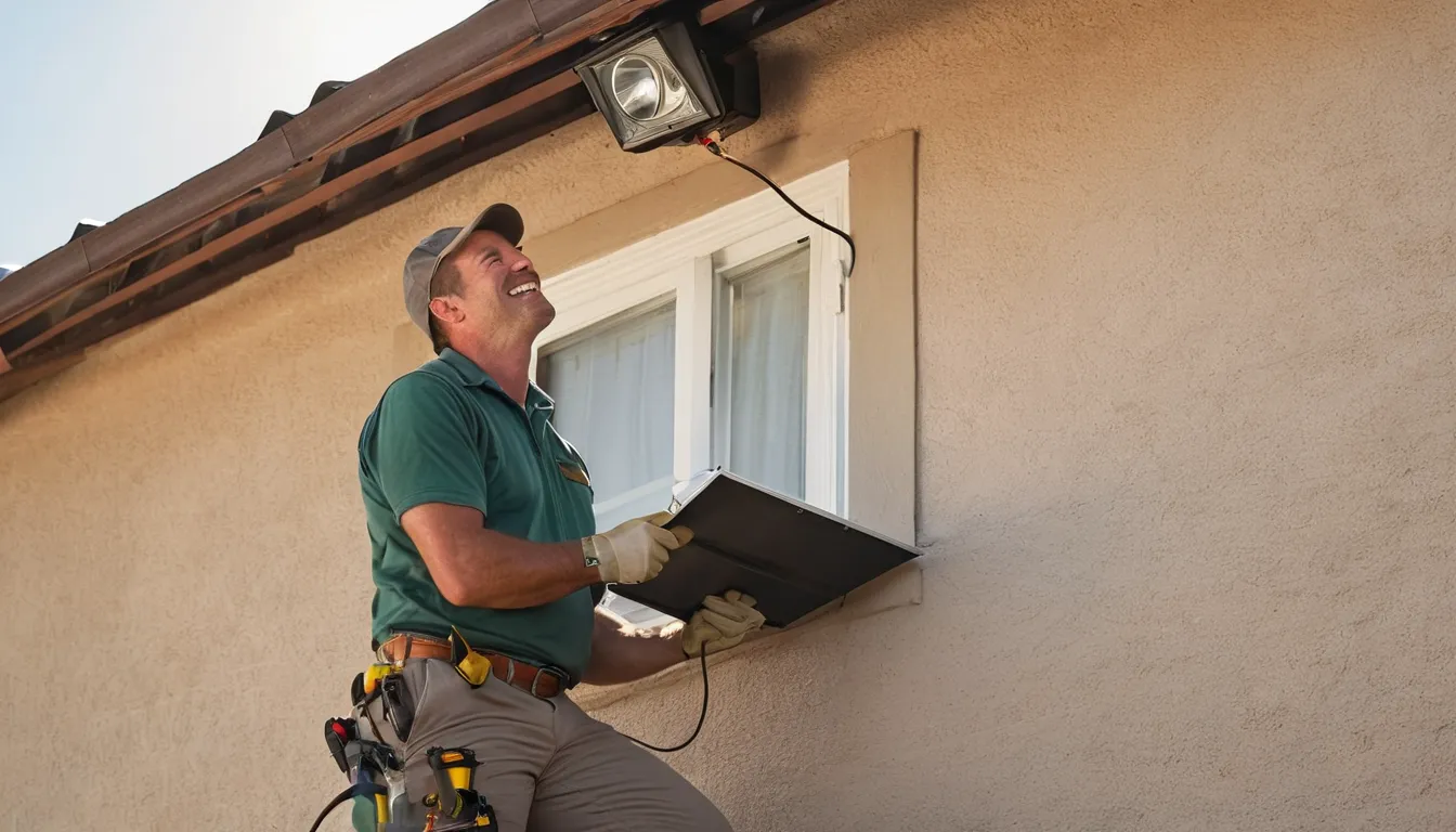 Friendly provider checking an attic vent on a stucco home in Loomis