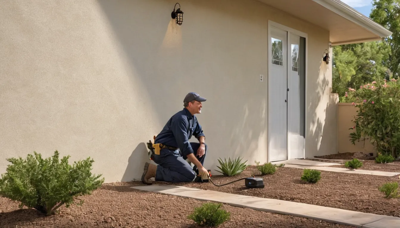 Termite provider inspecting the wood framing of a stucco ranch home near Loomis